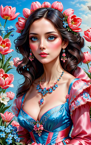 Portrait of a 50-year-old woman in a pink with blue and white trimmed dress with a necklace and earrings, dark hair, very detailed eyes, expressive lips, ((bouquet of large pink-red tulips and blue forget-me-nots: 1.25)) pressed to her chest, elegant digital painting, Victorian lady, fantasy Victorian art, stunning digital illustration, elegant digital painting, gorgeous woman, gorgeous beautiful woman, spring mood, beautiful flowers, pink, blue, red, beautiful digital images, very beautiful woman, exquisite digital illustration, elegant yellow skin, beautiful woman, beautiful flowers pink, red, blue, beautiful illustrations, princess portrait, elegant portrait, Victorian style woman portrait, elegant woman, lookwater style, more detailed XL size, face makeup, glossy finish