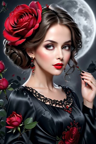 beautiful woman 50 years old, big red rose in her hair, wearing a black elegant thin silk long sleeve dress, the background behind her is light gray to dark black, beautiful gorgeous digital art, beautiful girl, beautiful painting, beautiful fantasy girl, beautiful fantasy portrait, beautiful digital art, beautiful fantasy portrait, red decorations, black and red colors, beautiful dark spring princess, she is the queen of red roses, Very beautiful portrait