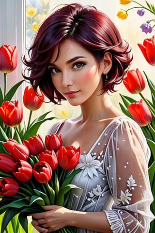 Oil painting, woman 45 years old, looking at the camera, with beautiful dark hair, short haircut, tulip flower in her hair on the side of her head, with a bouquet of spring red tulips, beautiful woman with spring flowers (beautiful dark hair), (beautiful hands), correct anonym , woman with tulips holding a large bouquet with two hands, hugging her, Girl in flowers, woman portrait with flowers, spring flowers tulips, wonderful spring mood, beautiful hair, digital oil painting, stunning digital painting, realistic digital art 4k, realistic digital art 4k,oil paint 