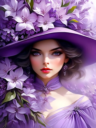 Close-up of a woman in a lilac chiffon dress with short sleeves and a large hat with flowers, large expressive eyes, black eyelashes, flower storm portrait, fiery digital painting, woman in flowers, digital painting style, stylized beauty portrait, sultry digital painting, Stunning digital painting , portrait photography, fine art of fashion photography, beautiful fantasy portrait, fantasy portrait inspired by Horst Anthes, digital fantasy portrait, gorgeous digital painting