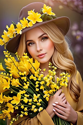 Arafed woman with blond beautiful hair and with a bouquet of yellow spring memosas, covered with flowers, beautiful woman with spring flowers, (beautiful clear hair), woman with mimosas, Holding a large bouquet with two hands, pressing to herself, Girl in flowers, female portrait with flowers, memosa spring flowers, wonderful spring mood, beautiful hair, Blossom