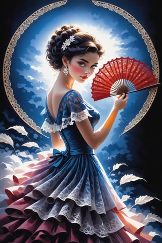 (masterpiece), Slender woman holds her Spanish lace fan in her hand, (she places the Spanish fan on her waist, as if it were a belt. This highlights her figure and her style), The image has a geometric art style, with simple shapes and solid colors, which give her an elegant and sober look, real and detailed, highlights the color of her eyes, The image must be high impact, the background must be dark and contrast with the figure of the girl, The image must have a high detail resolution of 8k, (full body), (artistic pose of a woman points the closed Spanish lace fan to something or someone), in 8k quality, the woman shows an attitude of confidence, romantic style, realy detailed, highlights the color of your eyes, The image must be high impact, The image must have high detail 8k resolution, image (full body), (artistic pose of a woman),Leonardo Style, neon style