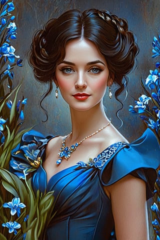 Painting of a 50 year old woman with dark hair and a blue dress., elegant digital painting, Victorian lady, fantasy Victorian art, stunning digital illustration, elegant digital painting, gorgeous woman, gorgeous beautiful woman, spring mood,