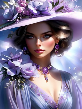 (sunlight, sun rays). Close-up of a waist-length woman in a lilac blue chiffon dress with a low cut, ((beautiful necklace around her neck)), elbow length dress and hat with flowers, large expressive eyes, black eyelashes, beautiful anatomy, flower Thunderstorm Portrait, Fire Digital Painting, Woman in Flowers, Digital Painting Style, Stylized Beauty Portrait, Sultry Digital Painting, Stunning Digital Painting, Portrait Photography, Fashion Photography Art, Beautiful Fantasy Portrait, Fantasy Portrait Inspired by Horst Anthes, Digital Fantasy Portrait, Gorgeous Digital Painting, DonMM4g1cXL,more details XL,more detail XL
