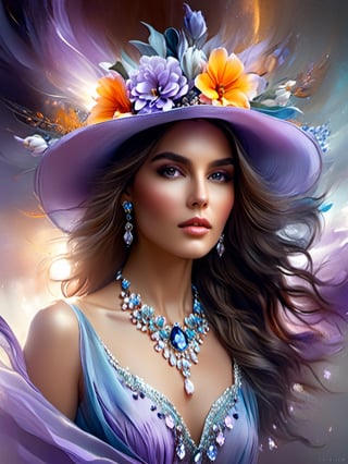 (sunlight, sun rays). Close-up of a waist-length woman in a lilac blue chiffon dress with a low cut, ((beautiful necklace around her neck)), elbow length dress and hat with flowers, large expressive eyes, black eyelashes, beautiful anatomy, flower Thunderstorm Portrait, Fire Digital Painting, Woman in Flowers, Digital Painting Style, Stylized Beauty Portrait, Sultry Digital Painting, Stunning Digital Painting, Portrait Photography, Fashion Photography Art, Beautiful Fantasy Portrait, Fantasy Portrait Inspired by Horst Anthes, Digital Fantasy Portrait, Gorgeous Digital Painting, DonMM4g1cXL,more details XL,more detail XL,DonMB4nsh33XL 
