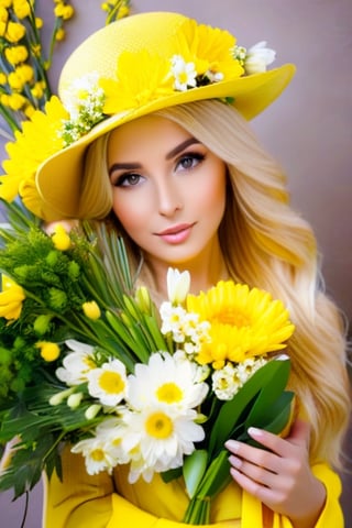 Arafed woman with blond beautiful hair and with a bouquet of yellow spring memosas, covered with flowers, beautiful woman with spring flowers, (beautiful clear hair), woman with mimosas, Holding a large bouquet with two hands, pressing to herself, Girl in flowers, female portrait with flowers, memosa spring flowers, wonderful spring mood, beautiful hair, Blossom