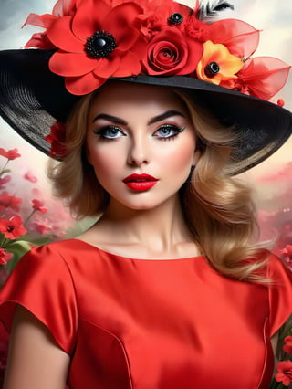 Close-up of a woman in a red chiffon short sleeve dress and a large hat with flowers, large expressive eyes, black eyelashes, portrait of a flower storm, fiery digital painting, woman in flowers, digital painting style, Stylized beauty portrait, sultry digital painting, Stunning digital painting, portrait photography, fine art of fashion photography, beautiful fantasy portrait, fantasy portrait inspired by Horst Anthes, digital fantasy portrait, gorgeous digital painting
