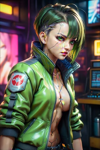 4k, 8k, high resolution, best quality, masterpiece: 1.3), ultra detailed, (realistic, photorealistic, photorealistic: 1.5), HDR, UHD, studio lighting, ultra-fine painting, sharp focus, physically based rendering, detailed description Extreme view, professional, bright colors. A woman wearing a jacket, short green hair, green eyes, girl singing rock in cyberpunk bar karaoke, The image is a digital painting filled with intricate details, from the woman's flawless features capturing a perfect combination of beauty and innovation in this compelling cyberpunk portrait. attractive woman,figurine,cyberpunk style,swordup,glowing sword,high guard sword parry stance,incoming vertical sword attack,Kazuto Kirigaya