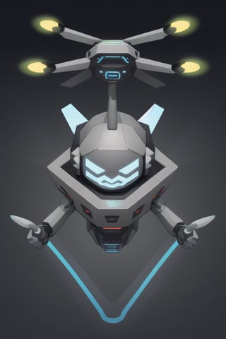 An advanced friendly face drone, designed to operate without propellers, using gravitational propulsion technology, friendly floating hexagonal shape.
Functionality and style, standing out for its casing inspired by cyberpunk and Tron, with a light gray finish. friendly and very observant