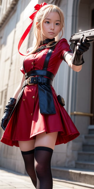best quality, 4K, masterpiece, 8K, blonde hair, red eyes, bangs, hair ribbon, dress, red ribbon, red dress, pouch, gray dress, gloves, two-tone dress, ammunition pouch, beige gloves, multicoloured dress, socks, buttoned dress, kneehighs, weapon, gloves with a pair of yellow stripes, belt, gun, holding, submachine gun, firing, lycoris uniform, collar with blue ribbon, holding weapon, emblem, takes aim, one gun, aim, emblem on forearm, aiming, one weapon, standing, in front of viewer
