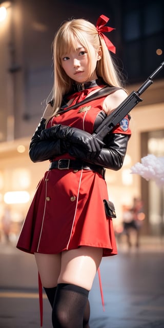 best quality, 4K, masterpiece, 8K, blonde hair, red eyes, bangs, hair ribbon, dress, red ribbon, red dress, pouch, gray dress, gloves, two-tone dress, ammunition pouch, black gloves, smoke grenades, medical pouch, multicoloured dress, socks, buttoned dress, kneehighs, weapon, gloves with a pair of yellow stripes, belt, gun, holding, submachine gun, firing, lycoris uniform, collar with blue ribbon, holding weapon, emblem, takes aim, one gun, aim, emblem on forearm, aiming, one weapon, standing, in front of viewer, more detail XL,
