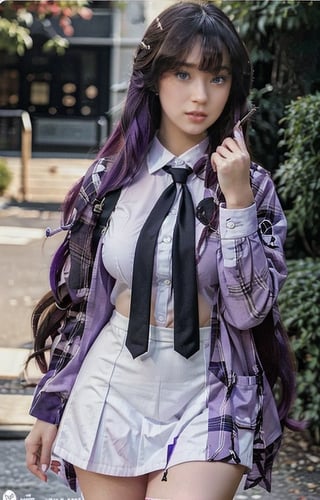 (masterpiece, top quality, best quality, official art, beautiful and aesthetic:1.2), 1girl, long purple hair, clear purple eyes, wearing sexy schoolgirl uniform, seducing the viewer, finger detailed, school yard, background detailed, extreme detailed, highest detail,KAMISATOAYAKADEF,akinanakamori