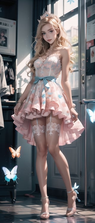 nsfw, nude, 21yo girl, see-through clothes, (best quality, masterpiece, illustration, designer, lighting), (extremely detailed CG 8k wallpaper unit), (detailed and expressive eyes), detailed particles, beautiful lighting, a cute girl, long blonde hair, wearing a teddy bear tiara, donning a beautiful blue and white dress with ruffles and lace, sheer pink stockings, transparent aquamarine crystal shoes, bows around her waist [Alice in Wonderland], butterflies around, {Pixiv anime style}, {Wit studios}, (Takehiko Inoue style), (manga style), (CamelliaMix - V3), full_body
