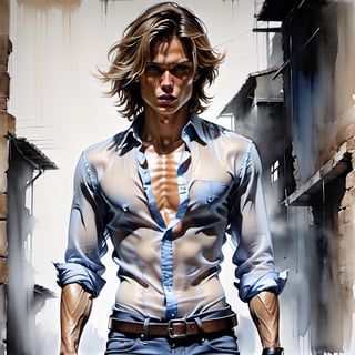 black and white painting, dark cellar, messy hair, guy, looks like Marcus Schenkenberg, wide open shirt, twenty years old, tan skin, middle part hair, darkblonde hair, middle length hair, strands of hair on the face, blue eyes, lips opened, abs, open shirt, wide open shirt, wet white shirt, long sleeves rolled up, see through shirt, shirt stretched, shirt wide open so you can see the perfect body, shirt collar wide open, shirt opened up to the belly button, very tight fitting shirt, skin_tight-Shirt, bright shoulders, arrogant, shirt bottom in jeans, narcissistic, tight fitting jeans trouser, leather belt, sexy, tight shirt, aggressive, angry, arrogant, ready to fight,   Extremely Realistic,Sketch