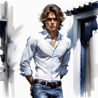 black and white painting, messy hair, guy, looks like Marcus Schenkenberg, twenty years old, tan skin, middle part hair, darkblonde hair, middle length hair,,  strands of hair on the face, darkblue eyes, lips opened, abs, wide open shirt, wet white shirt, long sleeves rolled up, see through shirt, shirt stretched, shirt wide open so you can see the perfect body, shirt collar wide open, shirt opened up to the belly button, very tight fitting shirt, skin_tight-Shirt, bright shoulders, arrogant, shirt bottom in jeans, narcissistic, tight fitting jeans trouser, leather belt, sexy, tight shirt, backyard, Extremely Realistic,Sketch