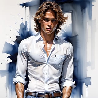 black and white painting, messy hair, guy, looks like Marcus Schenkenberg, twenty years old, tan skin, middle part hair, darkblonde hair, middle length hair,,  strands of hair on the face, darkblue eyes, lips opened, abs, wide open shirt, wet white shirt, long sleeves rolled up, see through shirt, shirt stretched, shirt wide open so you can see the perfect body, shirt collar wide open, shirt opened up to the belly button, very tight fitting shirt, skin_tight-Shirt, bright shoulders, arrogant, shirt bottom in jeans, narcissistic, tight fitting jeans trouser, leather belt, sexy, tight shirt, backyard, Extremely Realistic,Sketch