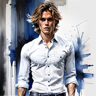 black and white painting, Duisburg, messy hair, guy, looks like Marcus Schenkenberg, twenty years old, tan skin, middle part hair, darkblonde hair, middle length hair,,  strands of hair on the face, darkblue eyes, lips opened, abs, wide open shirt, wet white shirt, long sleeves rolled up, see through shirt, shirt stretched, shirt wide open so you can see the perfect body, shirt collar wide open, shirt opened up to the belly button, very tight fitting shirt, skin_tight-Shirt, bright shoulders, arrogant, shirt bottom in jeans, narcissistic, tight fitting jeans trouser, leather belt, sexy, tight shirt, backyard, Extremely Realistic,Sketch