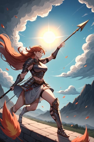 score_9, score_8_up, score_7_up, ultra detailed picture of 23-year-old woman, dynamic fighting pose,
BREAK
cute face, smile, long hair waving in the wind,
BREAK
fit body, long slim legs,
BREAK
intricate ancient body armor, lots of details on the armor, holding a spear,
BREAK
epic sky, cinematic light, cinematic scenery, dramatic clouds, battlefield, rough landscape, sun rays breaking through clouds, dark clouds, storm, strong wind blowing burned leaves through the air, firesparks in the air
BREAK