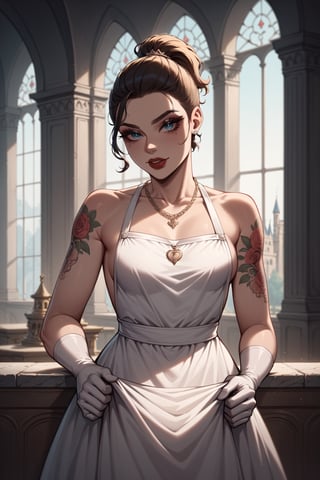 score_9, score_8_up, score_7_up, Classic tattoos, Makeup, Long eyelashes, Beauty face, Ombre, Short hair, Ponytail, Antique clothing, Necklace, Diadem, Dress, Striptease, Woman, Apron, Nylon Gloves, Jewish, German, Intricate clothes, Small breasts, One, Castle