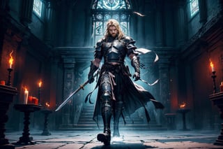 Who: Aldric Wolfenhaur, danish, a human paladin with a fair complexion, he is (((25 years old))).

Distance from camera: slightly elevated view from the front, capturing him in a commanding stance, full body.

Position: front facing,one foot slightly forward, as if in mid-stride. His sword is held loosely in one hand, the tip resting on the ground, while his other hand is raised in a calming gesture.

Details on the head: His ((tousled locks of blonde hair)), a full well-maintained beard adorns his jawline, adding to his commanding presence.

Human figure and its details: his muscular frame evidence of countless battles. His bearing is regal, his presence demanding respect.

Clothing and accessories:Clad in full layered plate armor of darkest steel,(((chestplate with multiple layers of overlapping plates))), Each layer is adorned with its own unique patterns, adding complexity to the overall design, engraved with (((celestial symbols and dark runes))), A cloak of deepest charcoal goes over his shoulders, adding an air of mystery to his ensemble, with leather gloves.

Location: he stands in is dimly lit room, with flickering torches casting dancing shadows along the stone walls. Heavy tapestries depicting ancient battles hang from iron rods, their colors faded with time. A large wooden table dominates the center of the room, strewn with maps and parchment scrolls. Dust motes float lazily in the air, catching the soft light that filters through narrow windows set high in the walls

Type of lighting: Soft and diffused, casting gentle highlights upon Aldric's features, emphasizing the determination in his eyes and the strength in his stance.

Style: dark fantasy, gothic, ((((best artpiece ever))))