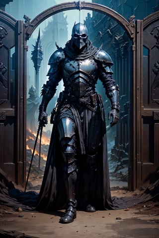 Masterpiece, beautiful details, perfect focus, uniform 8K wallpaper, high resolution, exquisite texture in every detail, knight clad in black armour and standing guard over the gates of morality. Above each gate stands a death angel offering gifts of riches or enlightenment., nodf_lora