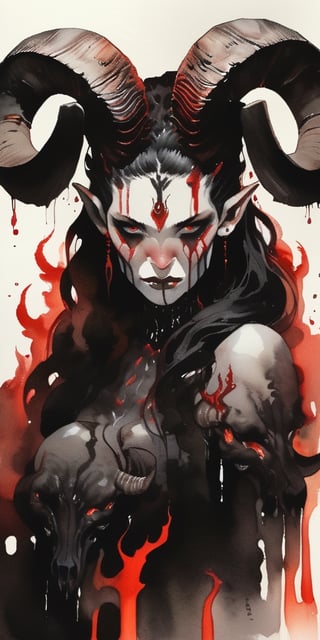 watercolors, black and white, shadowy A Cybernetic demon woman with large ram horns on her head and bits of black metal poking through her red skin, flame burning under her skin, dripping, infected