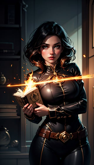 1 girl,fFloating Fire Magic Spell and a burst of flam),book,looking at viewer,close-up, cowboy
shot,cinematic lighting, volume lighting, light particlestachie,dynamic angle ,ray tracing, best
quality, amazing quality, very aesthetic, absurdres