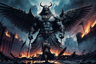 Masterpiece, beautiful details, perfect focus, uniform 8K wallpaper, high resolution, exquisite texture in every detail, a angel-like figure rising up above a burning castle and pouring thick ribbons of blood into a giant chalice. A monstrous beast stands guard and shields the arcane process from view with its black wings, nodf_lora,insertNameHere