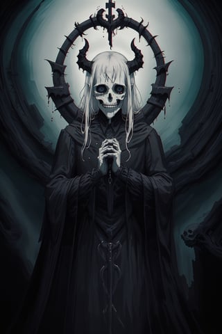 A Gothic fashion-inspired cult priest,skull Head Demon,
 with a horror twist exudes an aura of dark elegance and sinister mystique. Cloaked in flowing robes adorned with occult symbols, his attire hints at forbidden rituals and arcane knowledge With pale,skll,nodf_lora, leviathan cross  on clothes