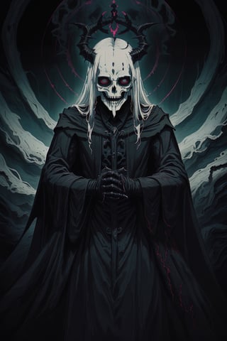 A Gothic fashion-inspired cult priest,skull Head Demon,
 with a horror twist exudes an aura of dark elegance and sinister mystique. Cloaked in flowing robes adorned with occult symbols, his attire hints at forbidden rituals and arcane knowledge With pale,skll,nodf_lora, leviathan cross  on clothes