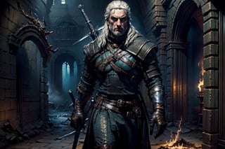 Masterpiece, beautiful details, perfect focus, uniform 8K wallpaper, high resolution, exquisite texture in every detail, The witcher walks through a foggy dark brick hallway, which is sparsely lit with torches hanging in holders on the wall, with his left hand he has drawn his silver sword and points it to the ground, the steel sword is in the sheath on his back,  a grim expression on his face, his medallion hangs visibly around his neck, his eyes glow slightly yellow through the darkness, view from the front, full body, nodf_lora,  beard,  yellow eyes,  armor,  chainmail ,