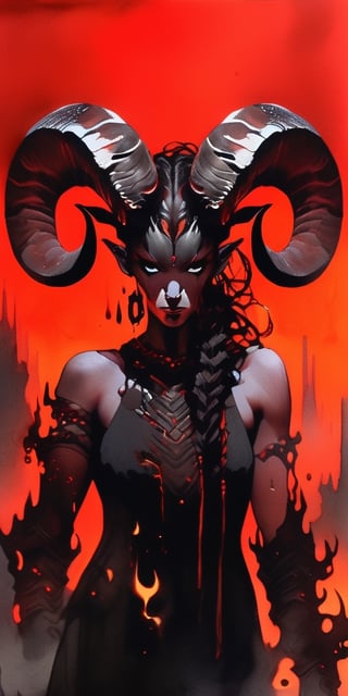 watercolors, black and white, shadowy A Cybernetic demon woman with large ram horns on her head and bits of black metal poking through her red skin, flame burning under her skin, dripping, infected