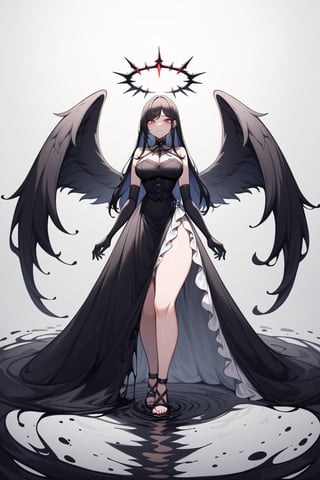 score_9, score_8_up, score_7_up, ((dark angel)),(((goth))),glowing red eyes,((long intricate flowing dress)),(((in the style of Ciruelo Cabral))),standing in a gooey puddle,(black halo),((((masterpiece)))), ((heavy chains on her arms and legs keeping her captured on the ground)), she is withered like almost falling apart. (kneeling floating on the water), ((eerie)), goo falling from the roof.