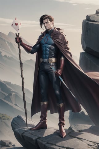 gambit from x-men stands on a rock, his cloak blowing in the wind, in one hand he holds his staff, in the other hand he holds a pair of playing cards, insertNameHere