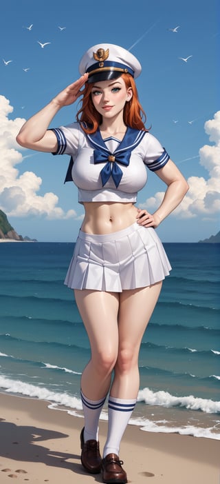 score_9, score_8_up, score_7_up, source_anime, BREAK, 1girl, pale girl, redhead, freckles, pinup_pose, blue_shirt, big_breasts, large_breasts, emormous_breasts, sailor suit, sailor_hat, midriff, socks, shoes, miniskirt, (sea_setting:1.5), blue_outfit, saluting_with_one_hand, military_salute, (hand_on_hip:1.5), sailor_shirt, full_body