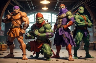 action_pose, "Teenage Mutant Ninja Turtles, Leonardo has a blue bandana, Raphael a red bandana, Donatello a purple bandana and Michelangelo an orange bandana.",