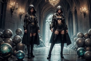 (CharacterSheet:1), sole_female, "a 23 year old sorceress, black hair, green eyes, black leather hood, black leather long boots, gazing into a crystal ball, medeval wizards castle.",
