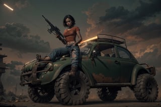 (CharacterSheet:1), angry sole_female, "a 23 year old woman, black hair, dark green tshirt, black combat boots, black gloves, worn jeans, holding a black assault rifle, sitting on a rusted VW Baja Bug with rally-lights, post apocalyptic wasteland.", 