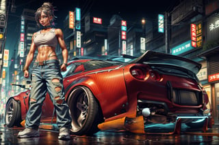 sole_female, perfect proportions, street dancer, shuffle dance, ripped baggy jeans, sneakers, white tank-top, jewelery, standing in front of Nissan Skyline GTR, Tokyo, Japan, wet ground, Young beauty spirit, photo of perfecteyes eyes,CyberpunkWorld