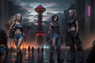 angry two_female, blonde hair brown eyes, dark hair blue eyes, black combat boots, ripped jeans, black tshirt white tanktop, holding a machette, holding gunsl, walking through a post apocolyptic seattle, wet ground, blurred space needle in the background, Young beauty spirit ,photo of perfecteyes eyes,JeeSoo 