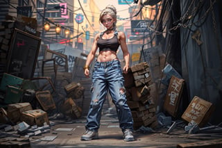 solo_female, perfect proportions, street dancer, shuffle dance, baggy jeans, sneakers, white tank-top, jewelery, standing in front of cinderblock wall, rubble, graffitti, Young beauty spirit ,photo of perfecteyes eyes,JeeSoo ,