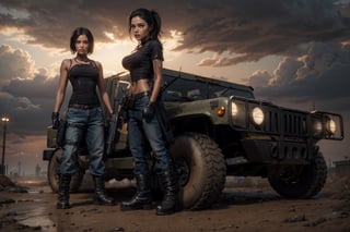 two_female, "23 year old woman, dark hair, black tshirt, black combat boots, black gloves, gun holster on right leg, leather belt, worn jeans, standing in front of a Humvee, post apocolyptic wasteland.", wet ground, mud and filth