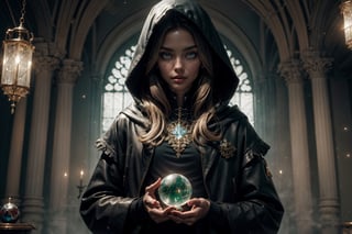 (CharacterSheet:1), sole_female, "a 23 year old sorceress, black hair, green eyes, black leather hood, gazing into a crystal ball, medeval wizards castle.",