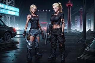 angry two_female, blonde hair dark hair, black combat boots, ripped jeans, black tshirt white tanktop, holding a machette, holding gunsl, walking through a post apocolyptic seattle, wet ground, blurred space needle in the background, Young beauty spirit ,photo of perfecteyes eyes,JeeSoo ,