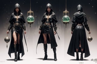 (CharacterSheet:1), sole_female, "a 23 year old sorceress, black hair, green eyes, black leather hood, black leather long boots, gazing into a crystal ball, medeval wizards castle.",