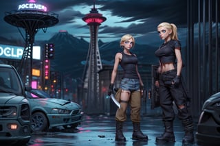 angry two_female, blonde hair brown eyes, dark hair blue eyes, black combat boots, ripped jeans, black tshirt white tanktop, holding a machette, holding gunsl, walking through a post apocolyptic seattle, wet ground, blurred space needle in the background, Young beauty spirit ,photo of perfecteyes eyes,JeeSoo 