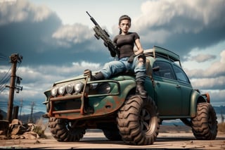 sole_female, "a 23 year old woman, black hair ponytail, dark green tshirt, black combat boots, black gloves, worn jeans, holding a black assault rifle, sitting on a rusted VW Baja Bug with rally-lights on the front bumper, post apocalyptic nuclear wasteland.", Young beauty spirit ,photo of perfecteyes eyes,JeeSoo 