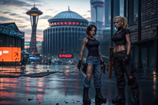angry two_female, blonde hair brown eyes, dark hair blue eyes, black combat boots, ripped jeans, black tshirt white tanktop, holding a machette, holding gunsl, walking through a post apocolyptic seattle, wet ground, blurred space needle in the background, Young beauty spirit ,photo of perfecteyes eyes,JeeSoo 