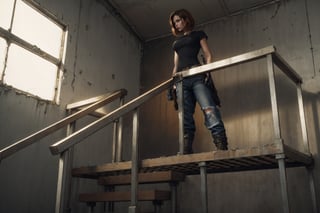 sole_female, "a 23 year old woman, amber hair, black tshirt, black combat boots, black gloves, gun holster on right leg, leather belt, worn jeans, standing on stairs in an abandoned warehouse, post apocolyptic wasteland.", 