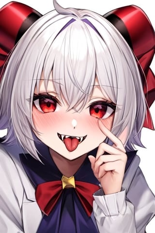 (masterpiece),(best quality), 

1girl, solo, looking at viewer, blush, smile, short hair, simple background, black hair, red eyes, white background, dress, bow, upper body, white hair, red hair, multicolored hair, horns, tongue, tongue out, bowtie, streaked hair, fangs, purple bow, purple bowtie, uneven eyes, akanbe